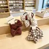 Lazo para el pelo de tela a cuadros color beige dulce estilo coreano para niñas, diadema doble infantil con estampado de lunares florales