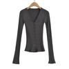 CL24184-24 Otoño Nuevo Francés Simple Básico Ajustado Top Fondo Cuello en V Suéter de Manga Larga