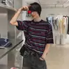 MYQ Henley Listrado Retro Malha Manga Curta Masculino Verão Solto Bordado Camiseta Curta Estilo Coreano Roupa para o Trabalho