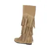 Botas altas versátiles para mujer de otoño e invierno con suelas de goma, antideslizantes, calidad de exportación, estilo fácil de poner, tacones planos, botas con flecos, color liso, transfronterizas, botas de talla grande