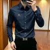 Camisa de manga larga para hombre de marca francesa de alta gama, elástica, corte ajustado, sin arrugas, antiarrugas, casual, fluida, nuevo modelo de otoño