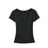 2026 Camiseta Casual Simple Versátil de Verano Transfronteriza para Mujer, Ajustada en la Cintura, Ceñida, Corte Delgado, Cuello en U, Hombro Normal, Manga Corta