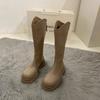 Botas Largas para Mujer 2025 Otoño Botas Elásticas Delgadas Tacón Grueso Punta Cuadrada Botas de Media Caña Altas pero No Hasta la Rodilla Botas de Caballero para Mujer