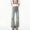 Pantalones vaqueros acampanados vintage lavados para hombre, con buena caída, estilo americano, rotos, pierna recta, largos hasta el suelo, azul claro, moda urbana, corte holgado