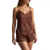 Pijama Cruzado Francés de Satén Sexy Ligero Cuello en V Color Sólido Camisola de Seda Helada Short Conjunto de Pijama para el Hogar