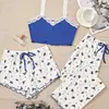 Conjunto de Pijama Europeu e Americano Transfronteiriço, Top Camisola Sexy com Renda Canelada, Calça Curta e Longa Conjunto de Pijama de Três Peças para Mulheres