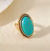 Anel Ajustável Oval Vazado de Turquesa Natural Sintética, Anel Unissex Simples e Elegante, Anel de Joia Europeu e Americano Transfronteiriço