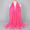 Lenço Xale de Verão Malaio Longo de Gaze Lenço de Cabeça Cor Sólida Renda Vazada Franja Lenço de Seda Estilo Étnico Feminino