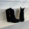 2026 Botines Cortos Retro Bohemios con Flecos y Tacón Grueso, Elegantes y Pequeños, Aumentadores de Altura, Estilo Vaquero Occidental para Mujer