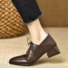 Zapatos de tacón alto con plataforma, de cuero suave, punta cuadrada, con cordones, de encaje, color marrón, estilo nuevo para el otoño de 2026, para mujer