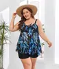 Traje de baño Nuevo Europeo y Americano Amazon Talla Grande Dividido Ángulo Plano Pantalones de Cintura Alta Talla Grande Tankini Traje de Baño para Dama