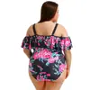 Traje de baño talla grande transfronterizo 2019 para mujer europea y americana, mujer con sobrepeso, con hombros de hoja de loto, traje de baño bikini estampado