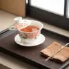 Cuenco de tapa de tres niveles de piel de cordero y jade flotante con diseño de peonía bordado, resistente al calor, para uso doméstico, cuenco de té para mujeres, cuenco de servicio de té de cerámica