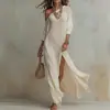 Vestido de Punto Plisado Elegante de Manga Larga con Abertura para Mujer, Nuevo de Verano 2026, Estación Independiente Europea y Americana