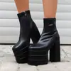Tamanho 35-46 Botas Martin Femininas Outono e Inverno Europeias e Americanas em Couro Envernizado com Bico Redondo, Plataforma Impermeável, Salto Quadrado, Zíper Lateral, Botas Pretas de Cano Curto