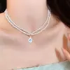 Colar de Pérolas Água-Marinha em Camadas Duplas para Mulheres, Corrente para Clavícula com Pingente de Gota d'Água, Corrente de Pescoço Levemente Luxuosa e de Alto Padrão
