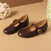Zapatos de verano slip-on para mujer de estilo retro francés con hebilla metálica, planos poco profundos de cuero genuino retro francés con punta redonda