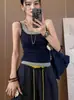 Camisola de Color Contrastante con Puntadas Estilo Chica Caliente Americana, Falso Dos Piezas, Ropa Exterior Fina de Verano para Mujer, Top Corto Ajustado sin Mangas