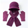 Conjunto de três peças para mãe para outono e inverno: novo chapéu de tricô floral com pelo de coelho, cachecol e luvas para aquecimento e proteção das orelhas