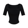 Camiseta de Verano Versátil de Ajuste Delgado con Escote Cuadrado, Mangas Medias Plisadas y Almohadilla en el Pecho, Dobladillo Curvo, Top Corto para Mujer