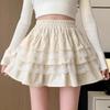 Falda de Pastel de Encaje Blanco para Mujer Primavera y Otoño Ballet Petite Corta Cintura Alta Línea A Plisada Esponjosa