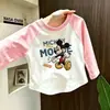 Camiseta Infantil de Manga Longa para Meninas Primavera e Outono 2026 Nova Estampa Cartoon Blocos de Cor Algodão Puro Barra Curva Design Moderno Slim Fit