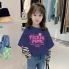 G2169# camiseta de algodão de manga comprida para meninas, imitação de duas peças, novo estilo estrangeiro, casaco de outono infantil, camiseta de primavera e outono para bebê