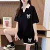 Elegante Conjunto de Dos Piezas Estilo Hong Kong Talla Grande Manga Corta Cuello Polo Holgado Moda Casual Pantalones Cortos Conjunto Completo de Verano para Mujer