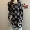 Camisa de Encaje Calada de Ganchillo Estilo Francés de Manga Larga para Mujer, Otoño Talla Grande Holgada de Longitud Media Capa Base