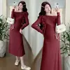Vestido de Punto con Cuello de Encaje Off-Shoulder, Moda Elegante Nueva para Primavera y Otoño, para Mujeres Embarazadas
