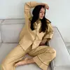 Conjunto de duas peças para outono e inverno, 100% algodão, color block, manga longa e calça comprida, modelagem solta, amigo da pele e confortável, pijama, exclusivamente para OZON, roupa de casa feminina