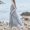 Vestido de tirantes con retazos de hoja de sauce estilo chino moderno y fresco, inspirado en el Zen, teñido con plantas, modelo nuevo 2026, teñido en gris por pulverización, teñido con plantas