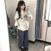 Moletom redondo de manga comprida branco e cinza estilo americano para mulheres, outono e inverno, forrado com fleece, espessado, pulôver oversized que cobre os quadris