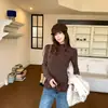 Camiseta de Manga Larga con Cuello Alto Floral Marrón para Mujer Otoño Invierno Nueva Ajustada con Volantes Felpa Capa Base Superior