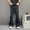 Jeans Masculino Retro Americano Preto Lavado Desgastado Micro-Flare Micro-Estiramento Perna Reta Solta Comprimento Total Calças Estilo de Rua