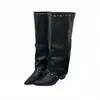 Botas longas Chuyuji de design retrô e estilo nicho, com bico fino e salto grosso, botas pretas empilhadas para mulheres