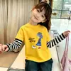 Camiseta infantil de manga comprida 100% algodão, blusa estampada de outono para meninas com efeito de duas peças, roupa de primavera e outono para bebês e crianças pequenas