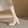 Jin Gang CG6005 Zapatos Mary Jane Franceses para Mujer 2024 Nuevos Hebilla Cruzada Tacones Altos Tacón Grueso Vintage Zapatos de Salón