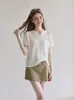 Top de punto de manga corta color avena estilo Old Money con cuello en V y borde rizado para mujer, único, hermoso, casual, versátil, top ligero de verano