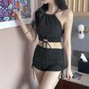Traje de baño adelgazante de cintura alta con abertura en la espalda y tirantes finos de color sólido para mujer de Dongdaemun, Corea del Sur