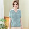 Blusa de verano nueva, fresca, transpirable, de punto jacquard, suave y cómoda, con cuello en V, de manga corta para madres de mediana edad y mayores.