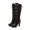 Botas Punk Retrô para Mulheres no Outono e Inverno Novo Estilo Salto Grosso Salto Super Alto Tamanho Grande Versátil Bico Redondo Fivela de Cinto Botas de Cano Alto