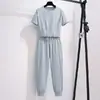 507# verano nuevo traje deportivo casual de manga corta para mujer top corto suelto pantalones cortos traje de dos piezas para estudiante