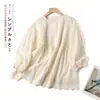 Camisa Estilo Japonés Limei Primavera Nueva Algodón Puro Bordada Cuello Redondo Babydoll con Botones Frontales y Bordado Fino Blusa de Dobladillo Grande