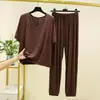 Pijama de modal para mujer, primavera y verano, conjunto fino de manga corta con cuello en V y pantalón largo con puño, corte holgado, ropa de estar por casa talla grande