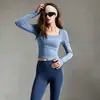 Conjunto de Fitness e Yoga para Primavera e Outono para Mulheres, Top Cropped de Manga Longa com Gola Quadrada, Calça de Yoga Modeladora de Cintura Alta, Conjunto de Roupa Esportiva Emagrecedora