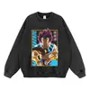 Sudadera con capucha con estampado de anime de dibujos animados, estilo lavado vintage y desgastado, corte extragrande, sudadera de cuello redondo de anime de moda