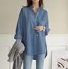 Atravessando a Fronteira 2026 Feminino Cor Sólida Outono Novo Estilo Fresco Manga Longa com Senso de Design, Fenda, Camisa Solta Plus Size
