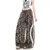 Calça Larga Feminina Estampa de Leopardo Retro Americana Nova Solta Emagrecedora Calça Banana Hot Girl Perna Reta Listrada Casual Longa