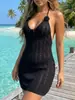 Vestido de Crochê Patchwork com Proteção Solar, Gola Halter com Amarração, Costas Abertas, Transparente, Sexy, Slim Fit, Manga Curta, Estilo Europeu e Americano, Transfronteiriço